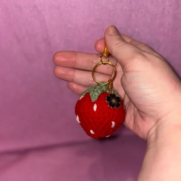 Handmade Pink OR Red Strawberry Crochet Keychain - Picture 2 of 2